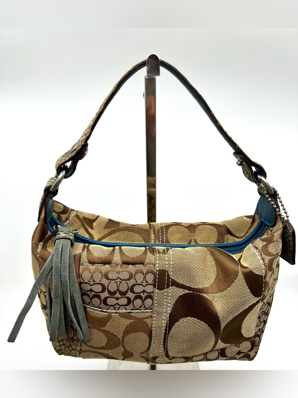 Coach Signature Vintage Y2k Patchwork Hobo Handbag Brown Tan Blue Trim Small